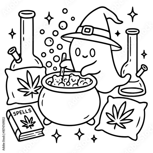 Mystical concoction: A whimsical illustration depicts a ghostly figure brewing a spell over a cauldron, complete with a witch's hat, surrounded by magical elements and tools.