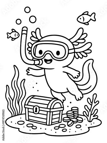 Axolotl Diver's Treasure: A cartoon axolotl, equipped with a diving mask and snorkel, playfully explores a treasure chest beneath the sea with fish, and seaweeds.