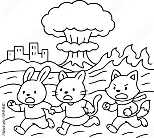 Apocalyptic Escape: A group of cartoon animals fleeing a devastating explosion amidst a city in chaos, a stark reminder of the potential consequences.