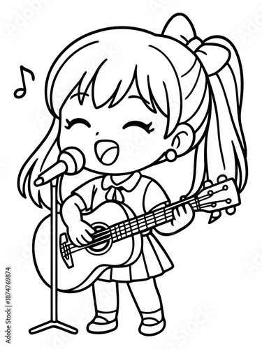 Melodic Harmony: A young girl, full of passion, strums a guitar while singing a beautiful melody with a microphone. the scene is set in an inspirational illustration with the vibrant music note.