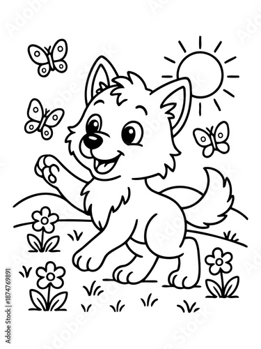Playful Puppy and Butterflies: An adorable puppy joyfully interacts with butterflies amidst a sunny, flower-filled landscape, inviting a sense of lightheartedness and whimsical charm.