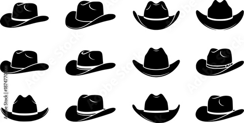 set of Cowboy Hat icon Vector illustration. Bailey Hat Silhouette Sign Design, emblem isolated on White Background
