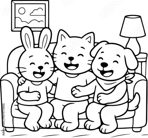 Friends' Comfort: A cheerful ensemble of a bunny, a cat, and a dog sharing a moment of cozy friendship on a comfortable couch. 