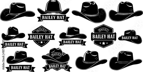 set of Cowboy Hat icon Vector illustration. Bailey Hat Silhouette Sign Design, emblem isolated on White Background