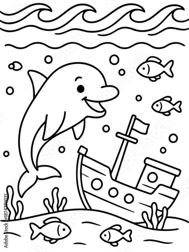 Ocean Adventure Coloring Page: A charming illustration featuring a smiling dolphin, swimming with fish and exploring sunken ship, creating a fun underwater scene perfect for coloring.