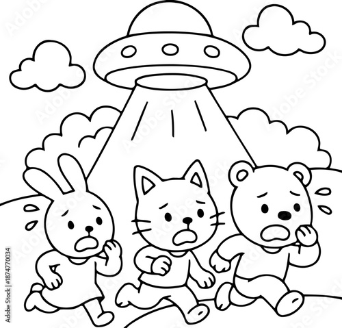 Cosmic Encounter: An Unforeseen Alien Invasion. A thrilling illustration of animated characters running from an alien spacecraft amidst a backdrop of clouds and uncertainty.