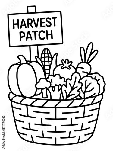 Harvest Patch Bounty: A woven basket overflows with fresh, seasonal vegetables and a welcoming sign. A scene celebrating the bounty of harvest season.