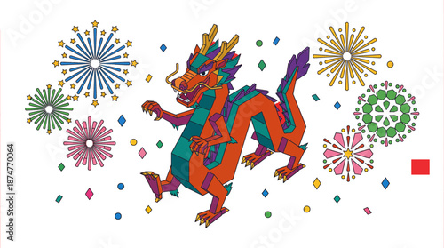 Vibrant Chinese New Year Celebration with Fireworks and Traditional Lion Dance