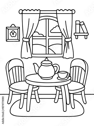 Cozy Tea Time: An inviting monochrome illustration of a quaint room, featuring a table set for tea by a window overlooking a serene landscape, exuding warmth and simplicity.