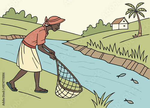 Traditional Village Fisherman with Net Illustration