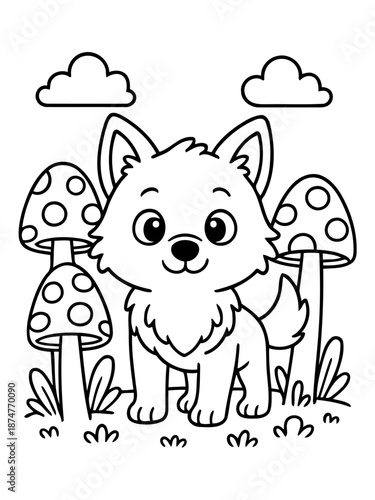 Playful Pup in Enchanted Garden: An adorable puppy surrounded by whimsical mushrooms and fluffy clouds. This monochromatic illustration captures a sense of childlike wonder and adventure.