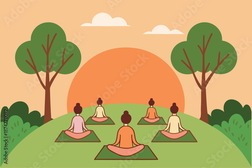 Group Yoga Meditation in Nature at Sunset