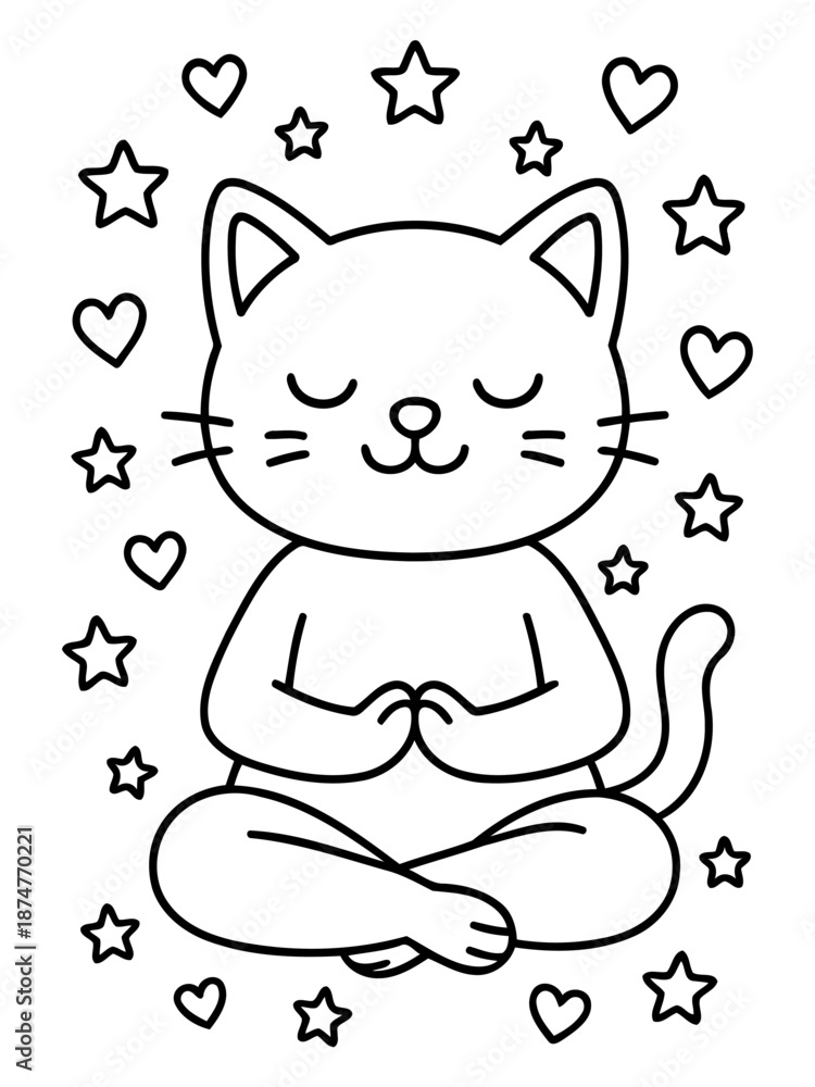 Fototapeta premium Zen Kitty's Meditation: A tranquil cartoon cat practices serene meditation, surrounded by hearts and stars. A symbol of peace and mindfulness.