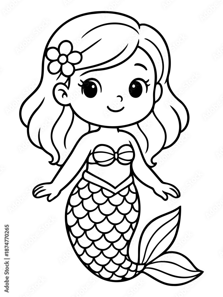 Obraz premium Whimsical Mermaid: An enchanting illustration of a charming mermaid, complete with flowing hair adorned with a flower. This captivating design is perfect for coloring and igniting imagination.