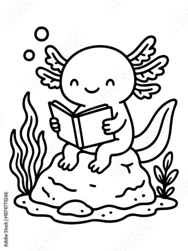 Reading Axolotl: A charming axolotl engrossed in a book, seated atop a rock, depicting the serenity of knowledge and exploration.