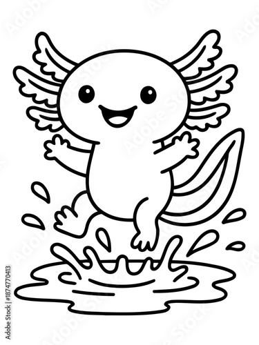 Joyful Axolotl Illustration: A whimsical illustration depicts a cute axolotl playfully leaping in splash with joy and energy.