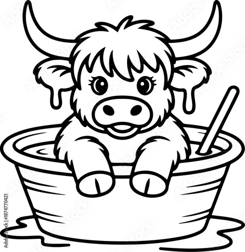 Highland Cow Soaking: A charming highland cow enjoys a relaxing soak in a tub of water, surrounded by whimsical charm. This image would add a touch of playful appeal.