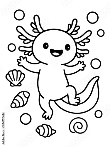 Cheerful Axolotl Undersea: An enchanting illustration of a smiling axolotl gracefully swimming amidst bubbles and seashells, embodying the captivating charm of the underwater realm.