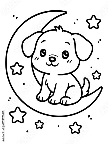 Puppy and Moon: A cute puppy sits peacefully on a crescent moon among a twinkling display of stars. This adorable scene is sure to captivate.