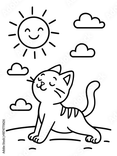 Sunny Cat's Daily Delight: A joyful cat basks in the sun, under a smiling sun and fluffy clouds, illustrating a moment of pure contentment and appreciation of nature's simple joys.