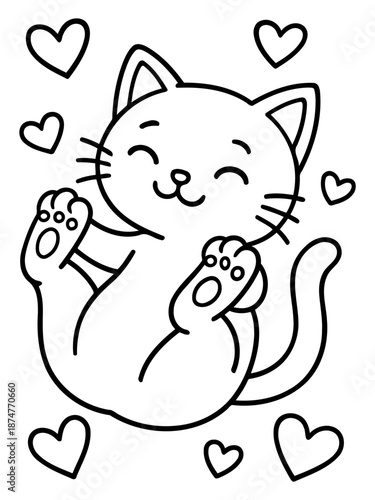 Playful Feline's Heartfelt Moment: A cheerful cartoon cat playfully reclines, surrounded by floating hearts, evoking a feeling of joy and warmth.