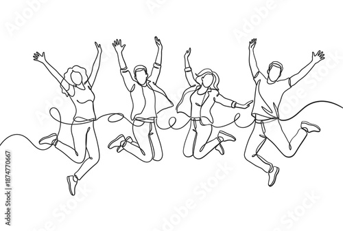 Joyful celebration A continuous line drawing of people jumping for happiness