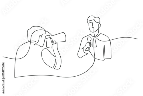 A single line drawing of a reporter interviewing a man with a tie