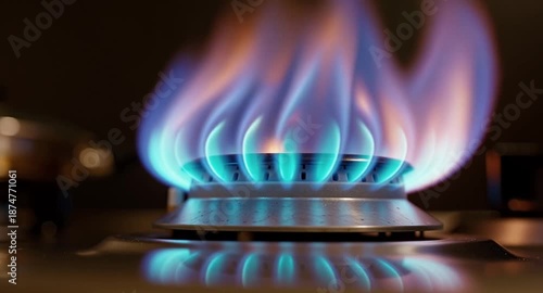 Macro photo of a gas stove burner in blue and orange representing domestic energy consumption