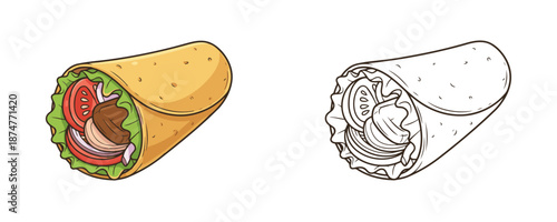 Appetizing meat wrap sandwich with vegetables and its line art outline representing fast food or healthy snack on white background