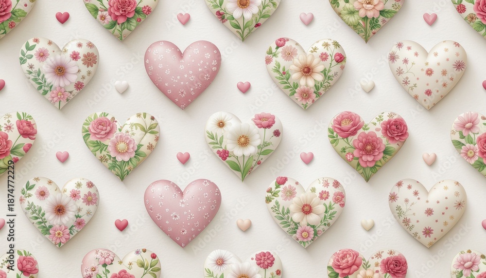 Fototapeta premium Romantic Heart Seamless Pattern, Love Background, Valentine's Day Wallpaper, Floral Hearts, Cute Hearts Design