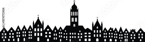 Gothic cityscape silhouette, medieval architecture vector, church spires and towers, black skyline illustration, historical building design, European skyline art