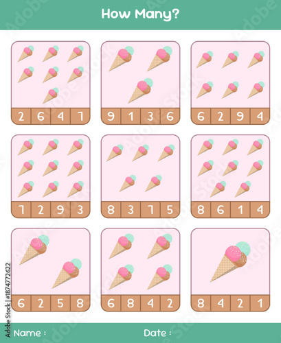 Count the number of ice creams. Educational mathematical game. Counting game for children. Kids activity sheet. Template for how many