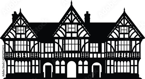 Grand Tudor style mansion silhouette vector illustration, traditional half timbered house facade, historic European residential architecture landmark, black and white, isolated