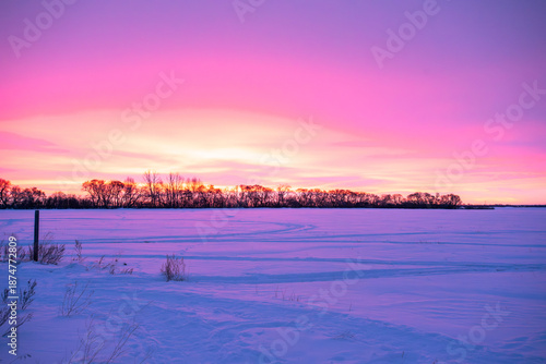 Pink winter sunrise in Canada