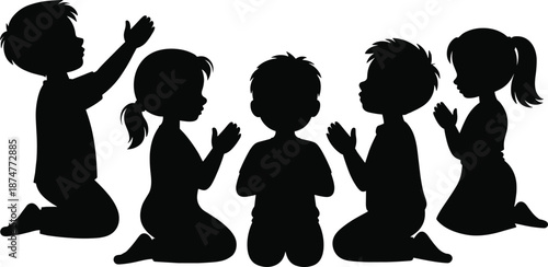 Group of children praying together on knees, kids silhouette illustration, faith, spirituality, religion, devotion, and childhood worship concept vector design