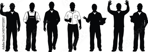 Group of construction workers silhouettes, builders in hard hats, industrial engineer team vector illustration, male laborers standing in row, black and white workforce concept