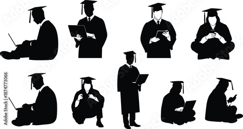 Group of Graduates Studying and Working on Digital Devices, Students in Graduation Cap and Gown Silhouettes, Using Laptops and Tablets Vector Set
