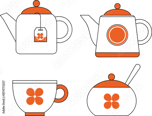 Minimal tea set vector illustration featuring teapots, teacup, sugar bowl, and tea bag icon, modern flat design for kitchen, cafe, and beverage concepts
