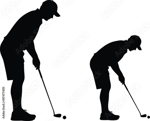 Golf player putting stance silhouette vector illustration, adult and child golfer comparison, sports training, technique learning, outdoor recreation and family golf concept