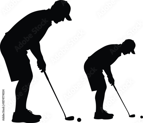 Golf player silhouette vector illustration, adult and child practicing putting stance, sport training concept, family recreation outdoors, minimalist black design