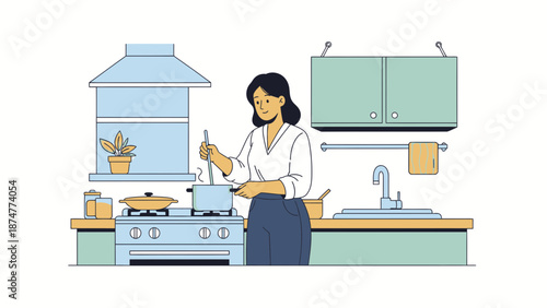 Woman cooking in modern kitchen with blue appliances and wooden countertops