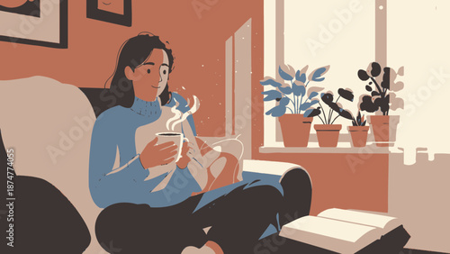 Woman enjoying a cozy moment with coffee and plants at home