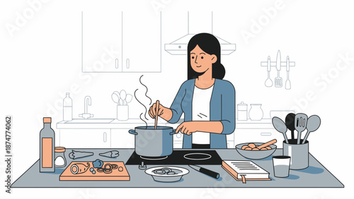 Woman cooking in modern kitchen with pot on stove top