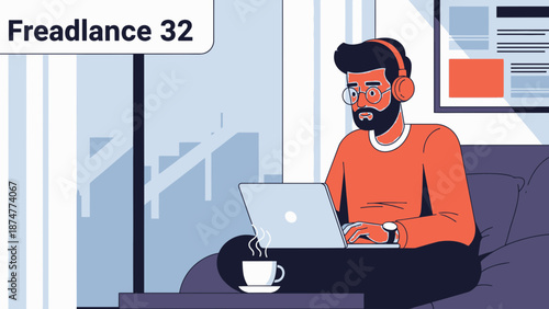 Freelancer working remotely with laptop and coffee
