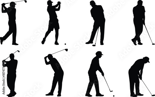 Golf swing silhouette vector, golfer motion sequence, sports technique illustration, black figure artwork, athletic training pose, golf club action design