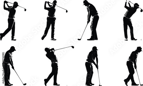 Golfer silhouette vector illustration, black swing sequence icons, golf posture design, athletic motion artwork, sports technique graphic, white background