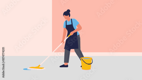 Woman in apron mopping floor with bucket nearby