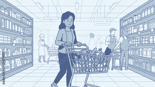 Woman shopping with cart in modern grocery store aisle