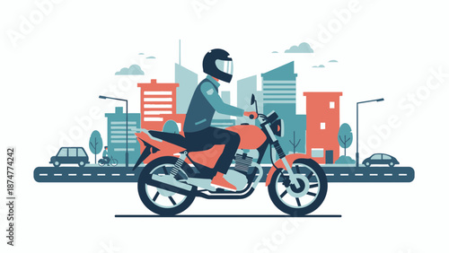 Motorcyclist riding through cityscape with modern buildings