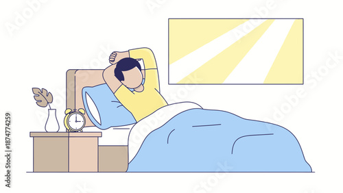 Man waking up to alarm clock in modern bedroom